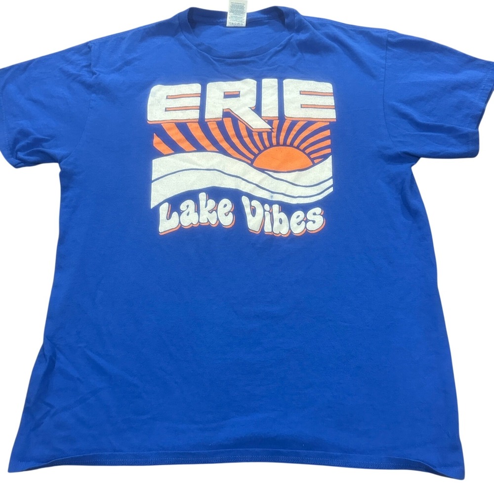 Delta Pro Weight‎ Erie Lake Vibes Graphic T-Shirt Blue Large Retro Sunset Tee